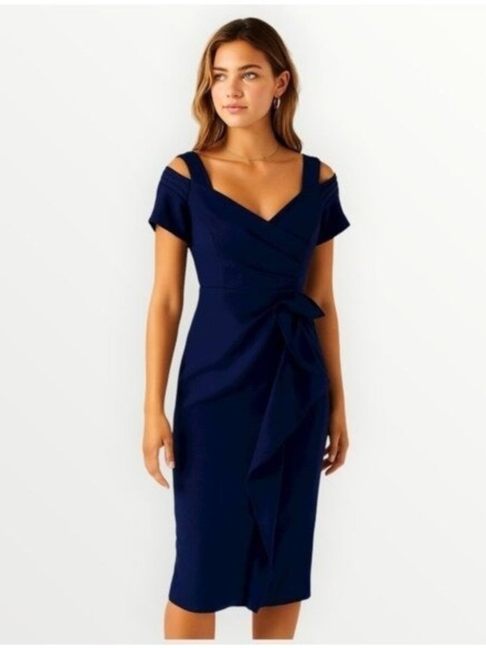 Chiara Boni La Petite Robe Ruffled Draped Off The Shoulder Dress Navy Size 6